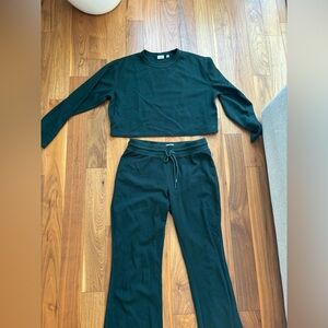 Green Sunday Best (Aritzia) waffle lounge set. Long sleeve top and bottom.